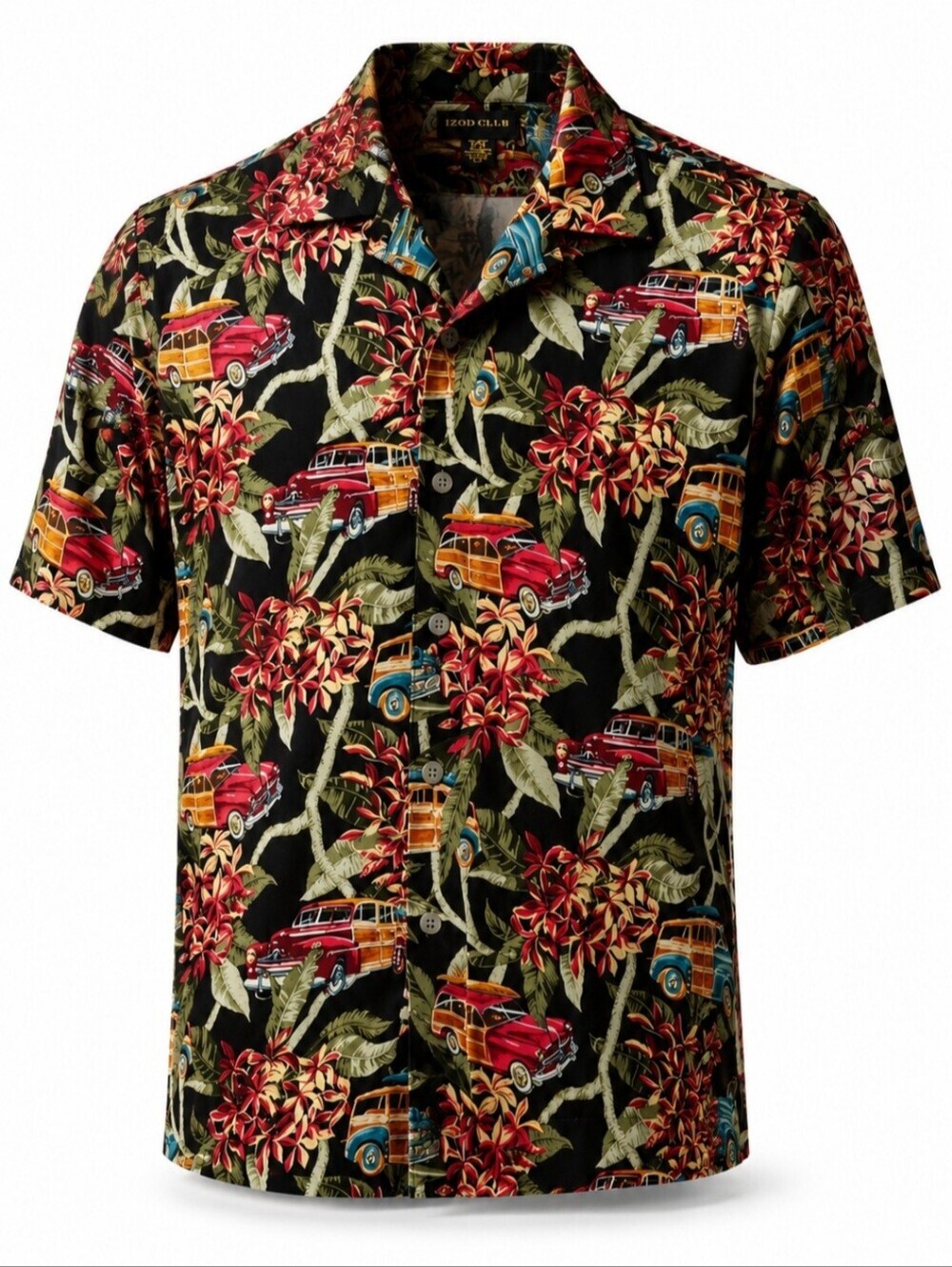 Izod Vintage Hawaiian Shirt L Rayon Woody Wagon Retro Car Print Aloha Camp Shirt